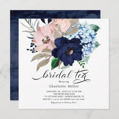 Navy Blue and Blush Flowers Bridal Shower Tea Invitations