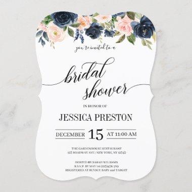 Navy Blue and Blush Pink Floral Bridal Shower Invitations