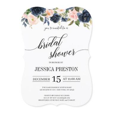 Navy Blue and Blush Pink Floral Bridal Shower Invitations