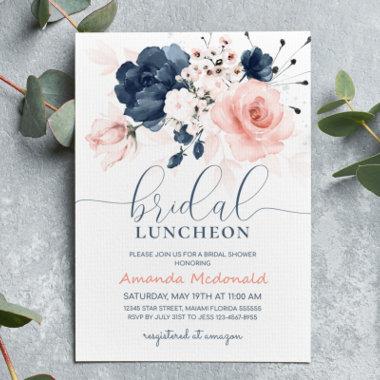 Navy Blue and Blush Pink Floral Bridal shower Invitations