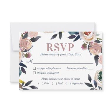 Navy Blue and Dusty Pink Floral Elegant Wedding RSVP Card