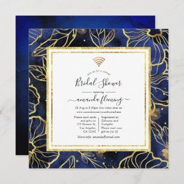 Navy Blue and Gold Abstract Floral Virtual Shower Invitations