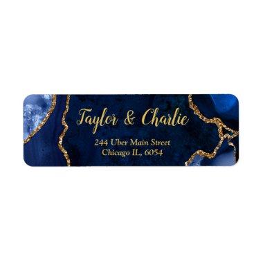 Navy Blue and Gold Agate Marble Wedding Label
