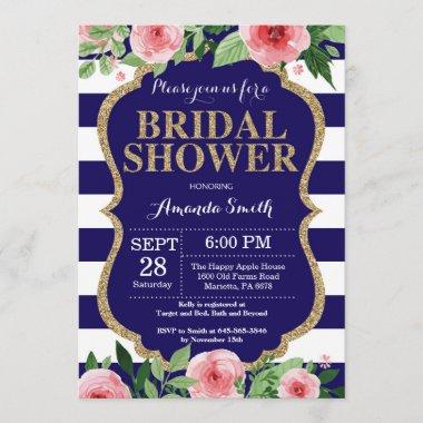 Navy Blue and Gold Bridal Shower Invitations Floral