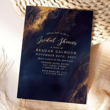 Navy Blue And Gold Calligraphy Bridal Shower Invitations
