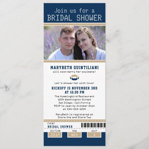Navy Blue and Gold Football Ticket Bridal Shower Invitations