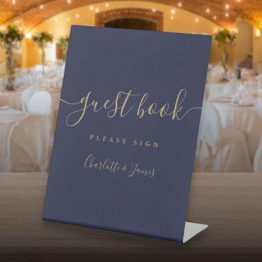 Navy Blue And Gold Signature Script Guest Book Pedestal Sign