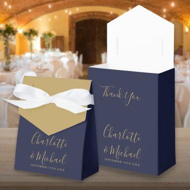 Navy Blue And Gold Signature Script Wedding Favor Boxes