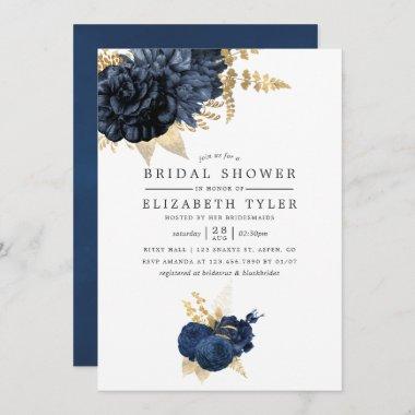 Navy Blue and Gold Vintage Rose Bridal Shower Invitations