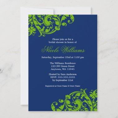 Navy Blue and Green Swirl Flourish Bridal Shower Invitations