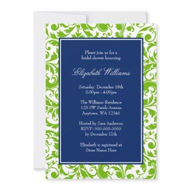 Navy Blue and Green Swirls Damask Bridal Shower Invitations