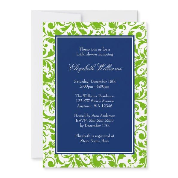 Navy Blue and Green Swirls Damask Bridal Shower Invitations