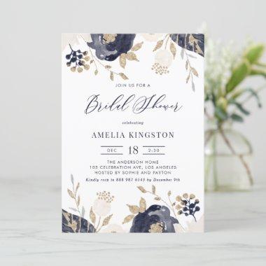 Navy Blue and Ivory Flowers Gold Bridal Shower Invitations