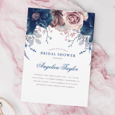 Navy Blue and Mauve Floral Bridal Shower Invitations