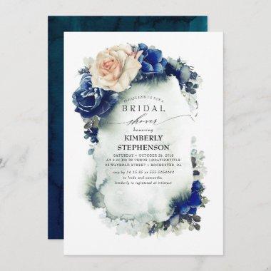 Navy Blue and Orange Floral Bohemian Bridal Shower Invitations