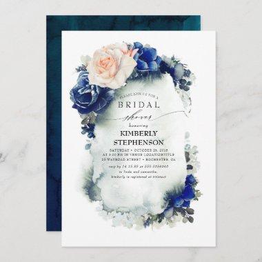 Navy Blue and Peach Floral Bohemian Bridal Shower Invitations