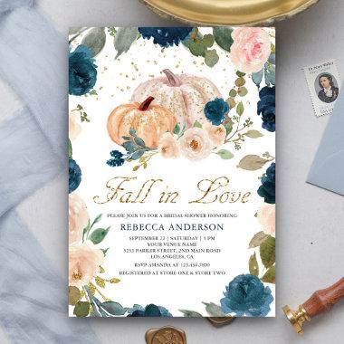 Navy Blue and Peach Floral Pumpkin Bridal Shower Invitations