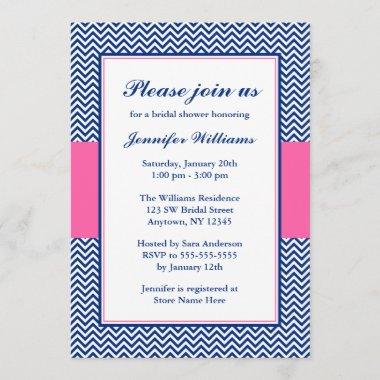 Navy Blue and Pink Chevron Bridal Shower Invitations