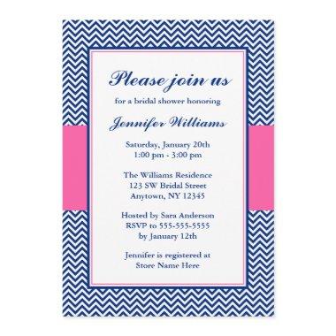 Navy Blue and Pink Chevron Bridal Shower Invitations