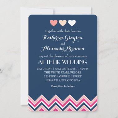 Navy Blue and Pink Chevron Wedding Invitations Love