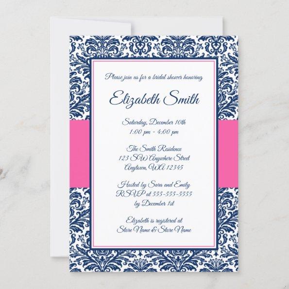 Navy Blue and Pink Damask Bridal Shower Invitations