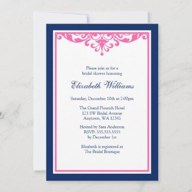 Navy Blue and Pink Flourish Bridal Shower Invitations