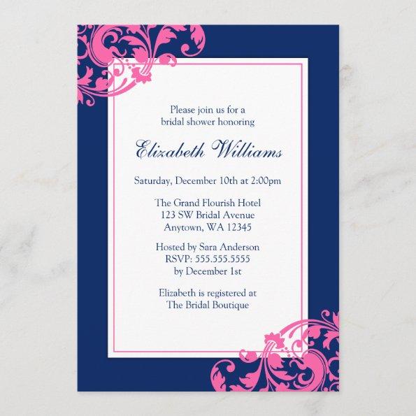 Navy Blue and Pink Flourish Swirls Bridal Shower Invitations