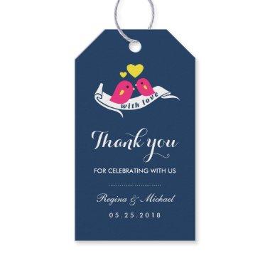 Navy Blue and Pink Love Birds Wedding Gift Tag