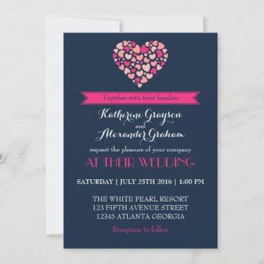 Navy Blue and Pink Love Heart Wedding Invitations