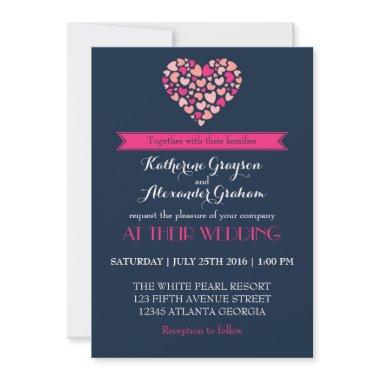 Navy Blue and Pink Love Heart Wedding Invitations