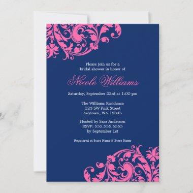 Navy Blue and Pink Swirl Flourish Bridal Shower Invitations