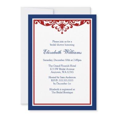 Navy Blue and Red Flourish Bridal Shower Invitations