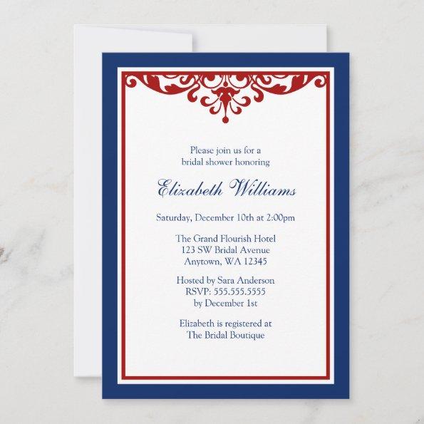 Navy Blue and Red Flourish Bridal Shower Invitations
