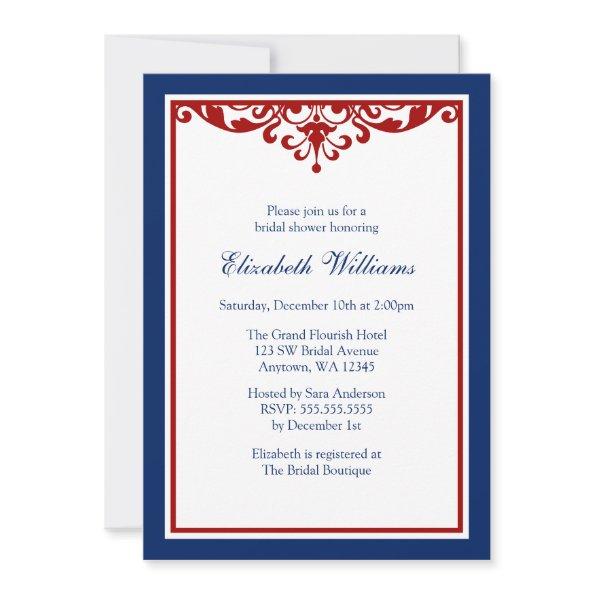 Navy Blue and Red Flourish Bridal Shower Invitations