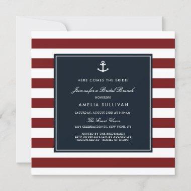 Navy Blue and Red Stripes Nautical Bridal Brunch Invitations