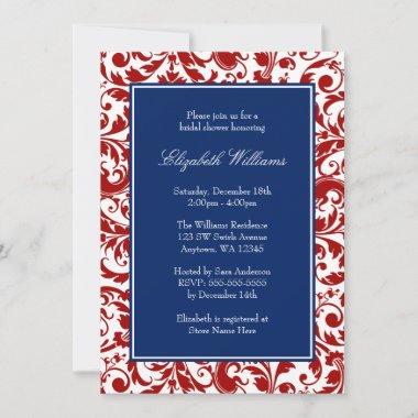 Navy Blue and Red Swirls Damask Bridal Shower Invitations
