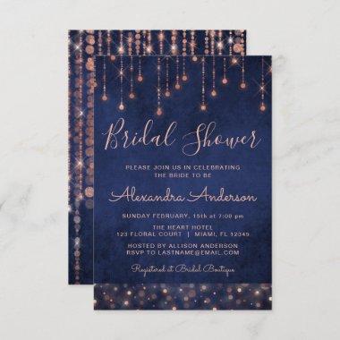 Navy Blue and Rose Gold Bridal Shower Invitations
