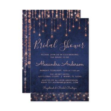 Navy Blue and Rose Gold Bridal Shower Invitations