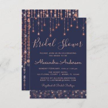 Navy Blue and Rose Gold Bridal Shower Invitations