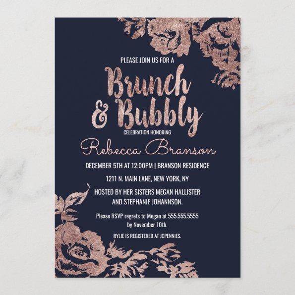 Navy Blue and Rose Gold Floral Brunch and Bubbly Invitations