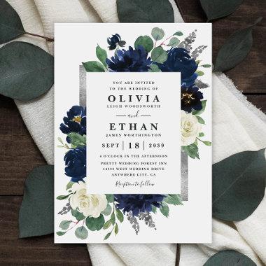 Navy Blue and Silver Elegant Ivory Floral Wedding Invitations