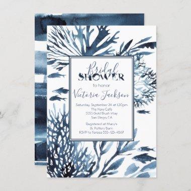Navy Blue and White Coral Reef Bridal Shower Invitations