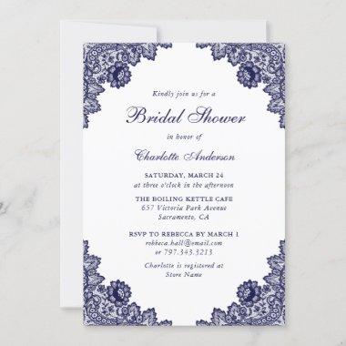 Navy Blue and White Floral Bridal Shower Invitations