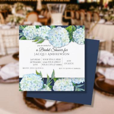 Navy Blue and White Hydrangea Floral Bridal Shower Invitations