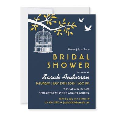 Navy Blue and Yellow Bird Cage on Tree Invitations