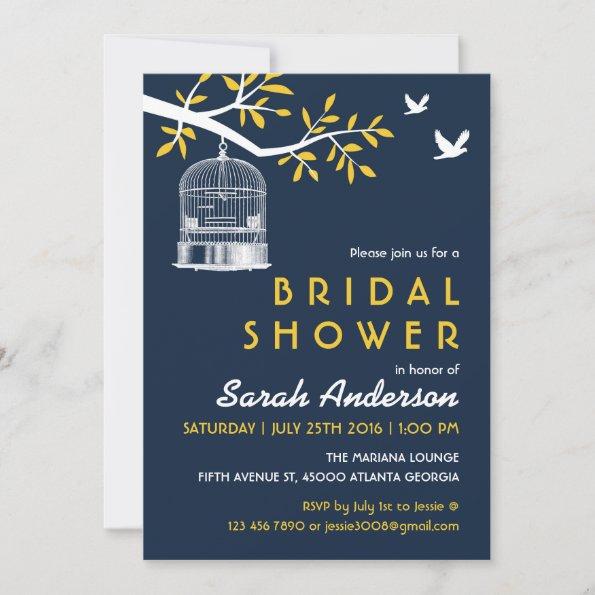 Navy Blue and Yellow Bird Cage on Tree Invitations