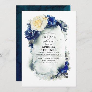 Navy Blue and Yellow Floral Bohemian Bridal Shower Invitations