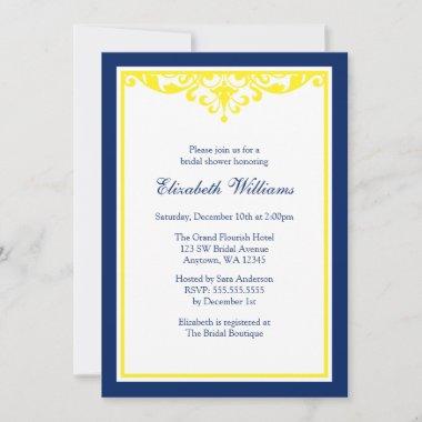 Navy Blue and Yellow Flourish Bridal Shower Invitations