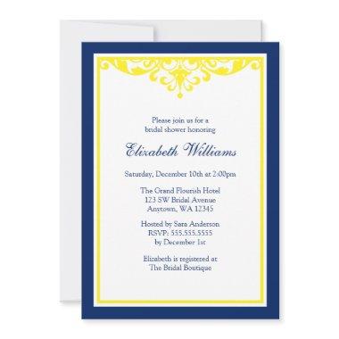 Navy Blue and Yellow Flourish Bridal Shower Invitations