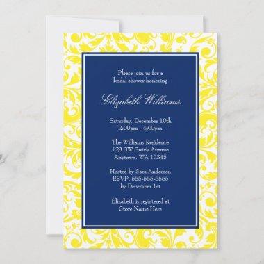Navy Blue and Yellow Swirls Damask Bridal Shower Invitations